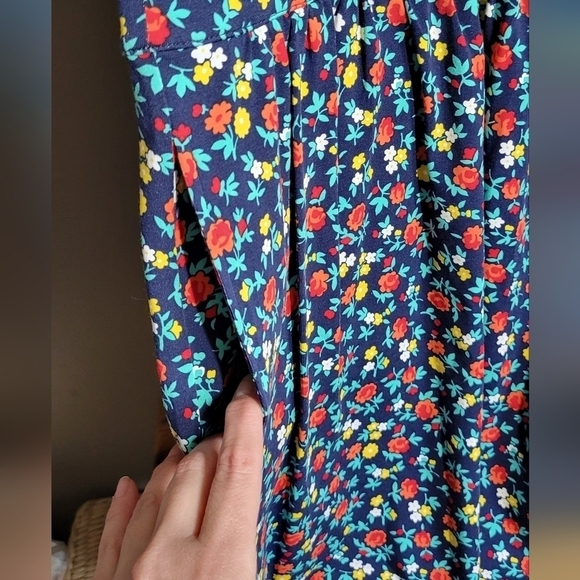 Lands'end navy floral pocketed empire waist round neck medium petite 10-12 dress - Picture 2 of 7